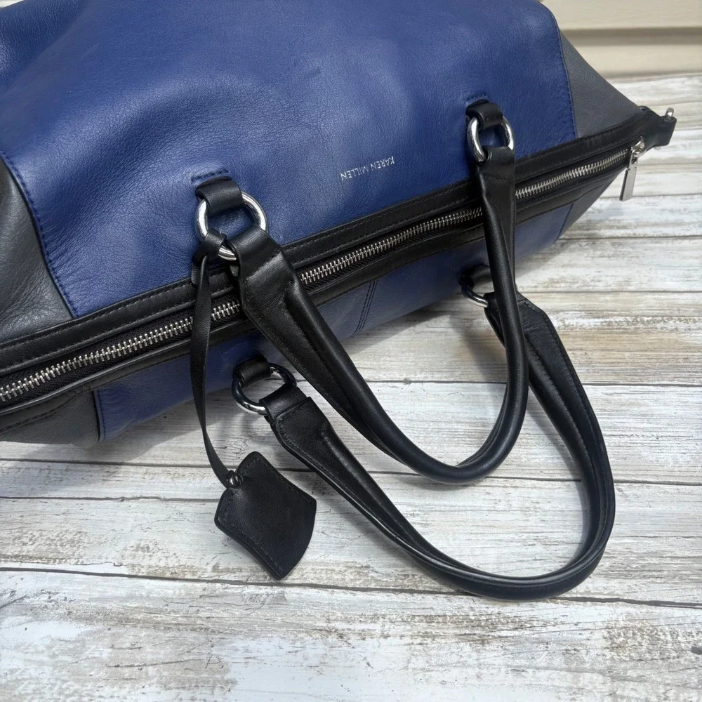 Karen Millen Satchel Bag OS Blue Black Leather Colorblock Tote Purse Quiet Luxuy